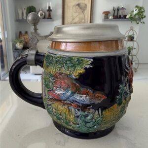 DRM WESTERN GERMANY DECORATED BEER STEIN w/ RELIEF WILDLIFE SCENE REINZINN LIDS